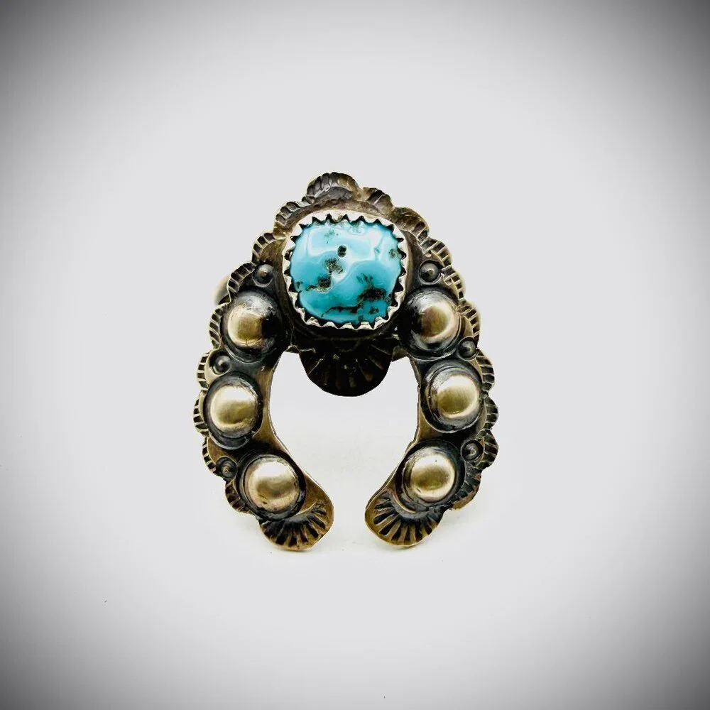 T. YAZZIE NAVAJO STERLING TURQUOISE NAJA RING SIZE 8.5